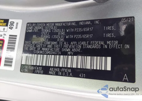 2021 Toyota Sienna Le z USA, uszkodzony, nr VIN 5TDKRKEC6MS046724